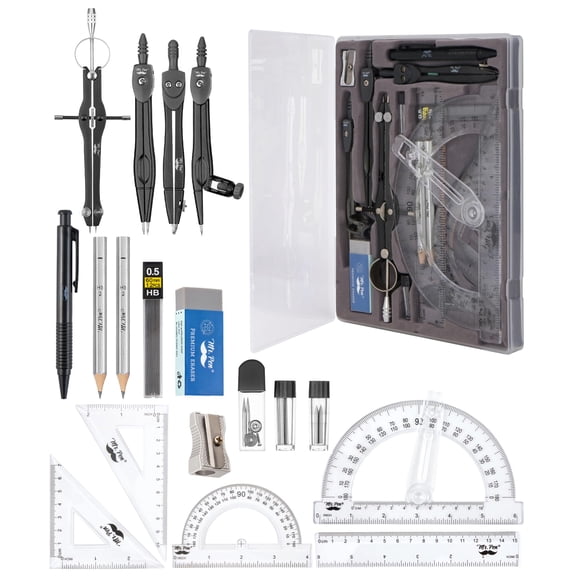 A geometry tool kit containing a 6-inch swivel arm protractor, dividers, set squares, rulers, compasses, and a protractor, totaling 15 pieces.