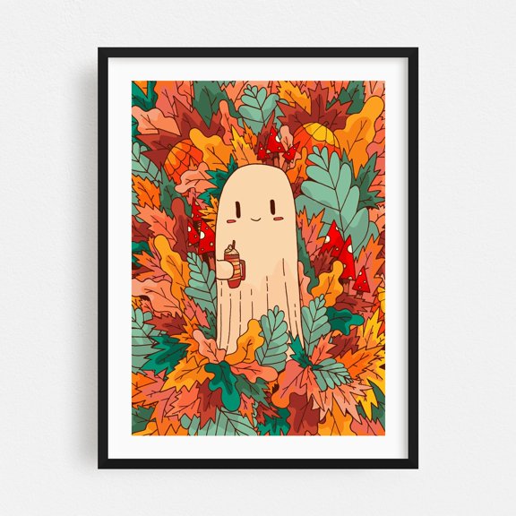 A ghost and coffee - Illustration Autumn Whimsical Halloween Nature Woodland Humor Black Framed Wall Art Print 5 x 7 inches