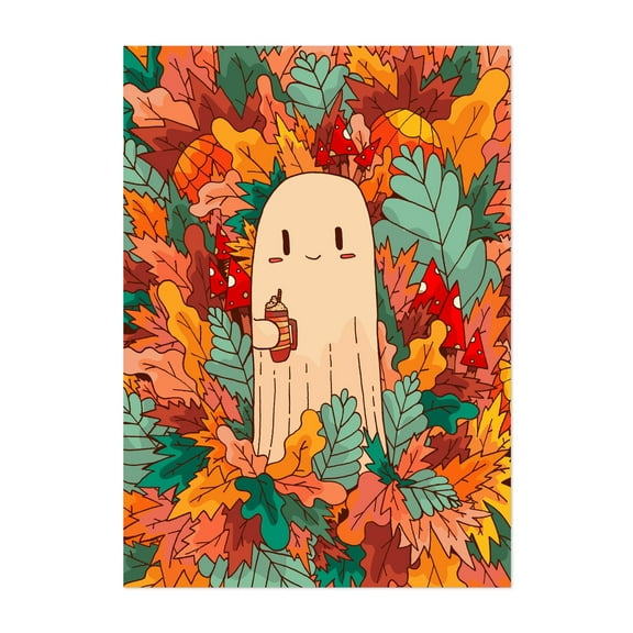 A ghost and coffee - Illustration Autumn Whimsical Halloween Nature Woodland Humor Unframed Wall Art Print 4 x 6 inches