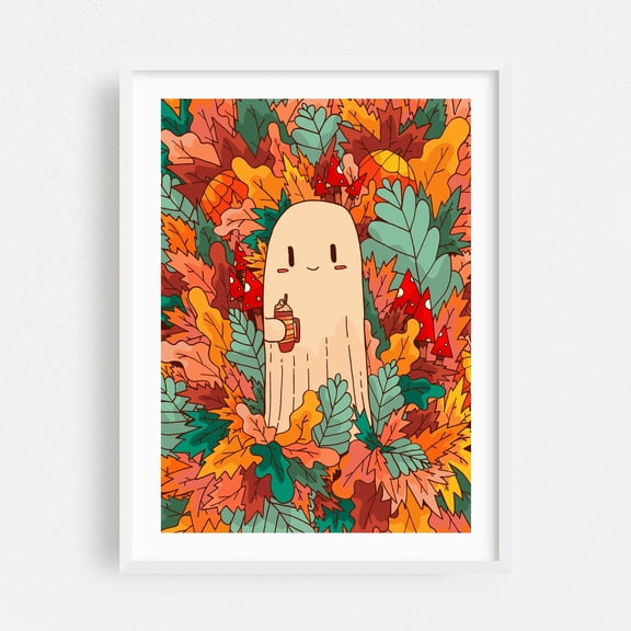 A ghost and coffee - Illustration Autumn Whimsical Halloween Nature Woodland Humor White Framed Wall Art Print 12 x 18 inches