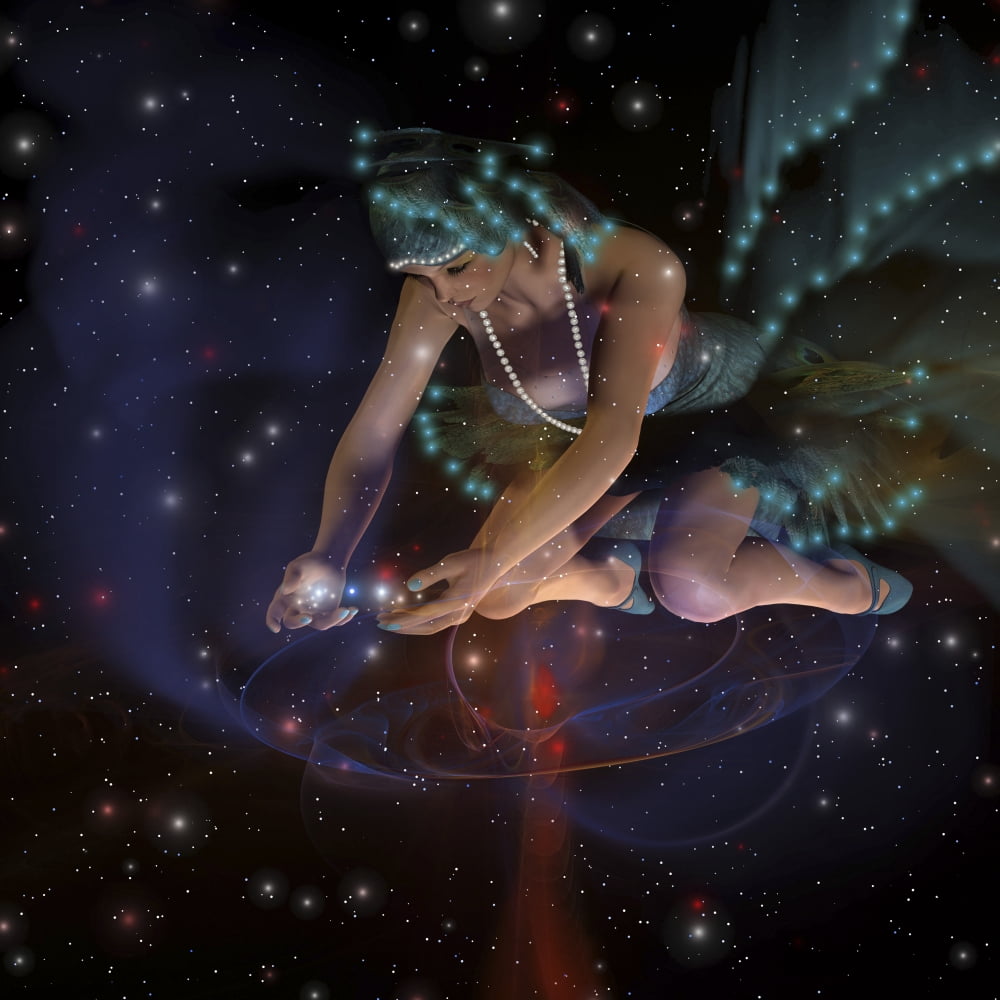A ghostly female spirit spreads stars and planets throughout the universe Canvas Art - Corey FordStocktrek Images (28 x 28)