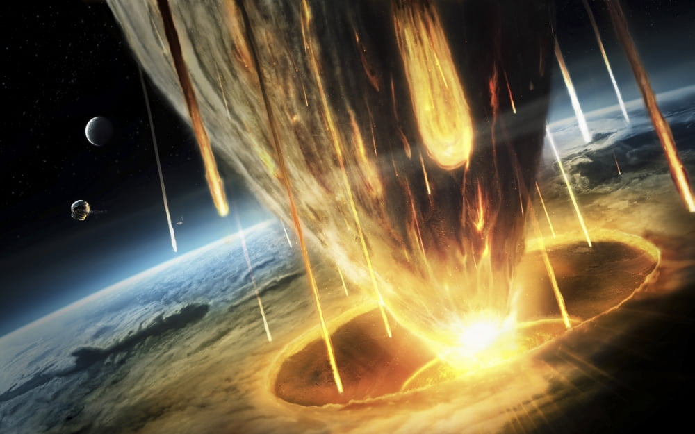 A giant asteroid collides with planet Earth Canvas Art - Tobias RoetschStocktrek Images (18 x 12)
