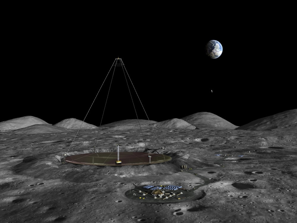 A giant liquid mirror telescope lies nestled in a lunar crater Canvas Art - Walter MyersStocktrek Images (33 x 25)