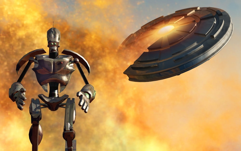 A giant robot and UFO on the attack Canvas Art - Mark StevensonStocktrek Images (36 x 23)