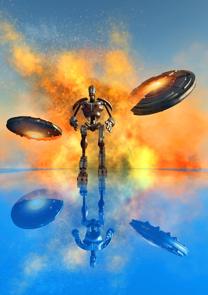 A giant robot and UFOs on the attack Canvas Art - Mark StevensonStocktrek Images (12 x 17)