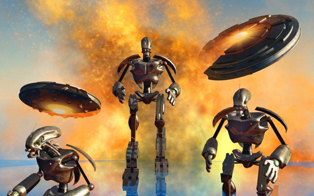 A giant robot force on the attack Canvas Art - Mark StevensonStocktrek Images (18 x 12)