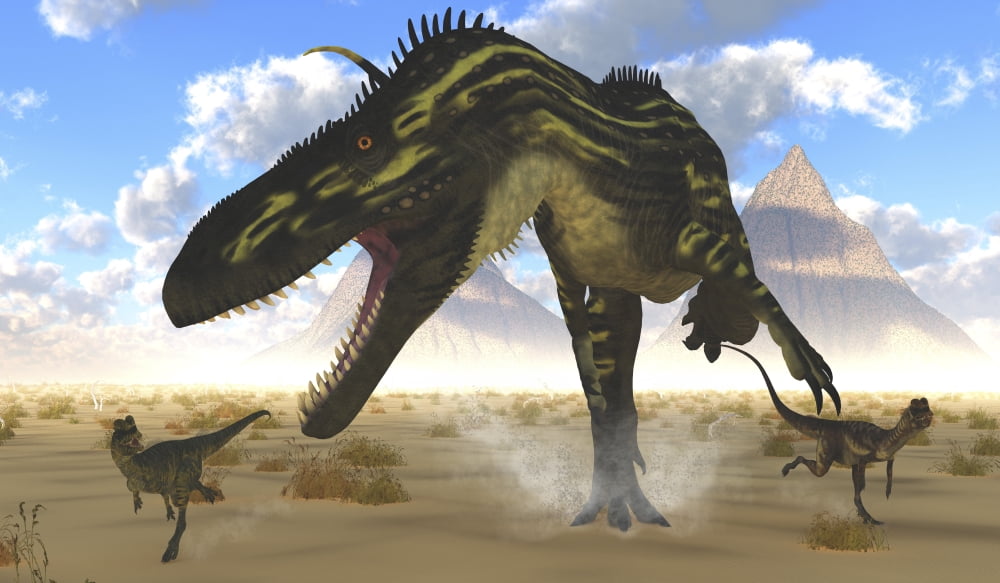 A gigantic Torvosaurus chasing two Dilophosaurus Canvas Art - Corey FordStocktrek Images (19 x 11)