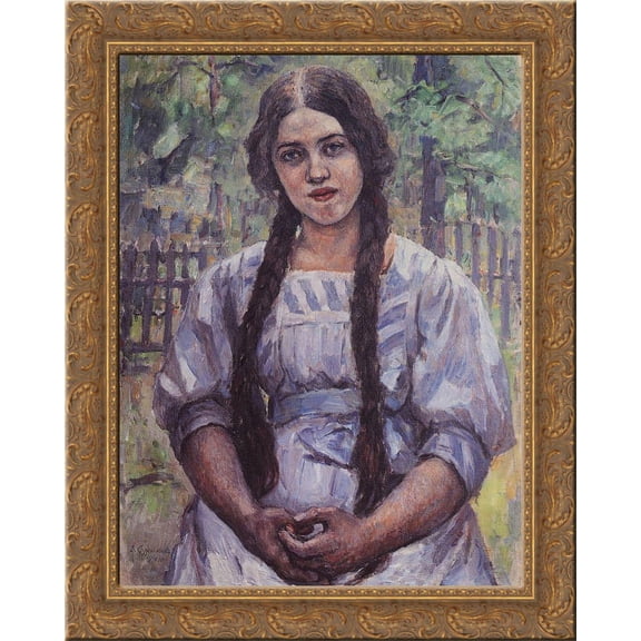 A girl with braids. Portrait of A. A. Dobrinskaya. 24x20 Gold Ornate Wood Framed Canvas Art by Vasily Surikov