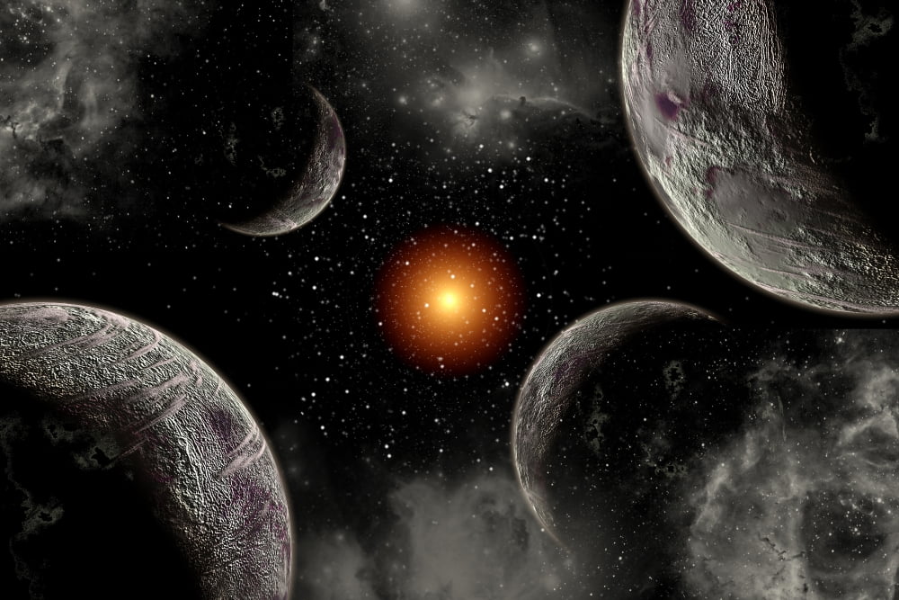 A globular star cluster with a red giant star and its planetary system Canvas Art - Mark StevensonStocktrek Images (18 x 12)