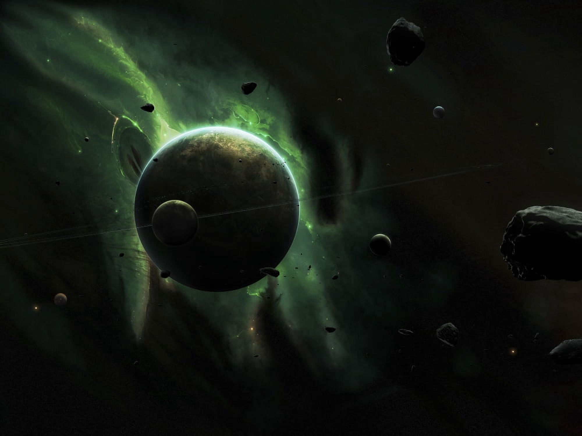 A green planet surrounded by several larger and smaller moons Canvas Art - Tobias RoetschStocktrek Images (33 x 25)