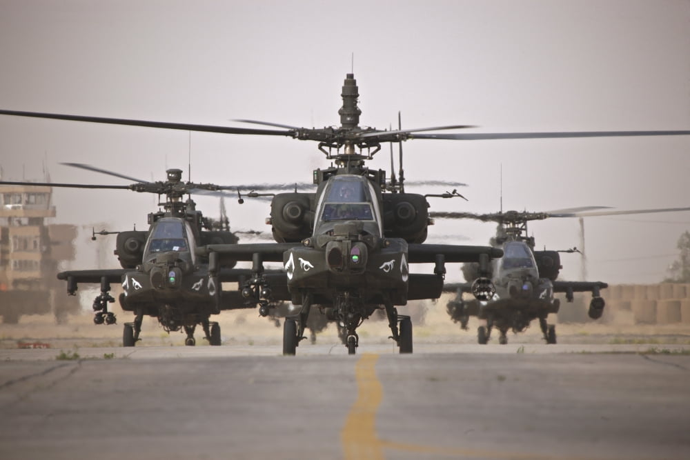 A group of AH-64D Apache helicopters on the runway at COB Speicher Canvas Art - Terry MooreStocktrek Images (35 x 23)