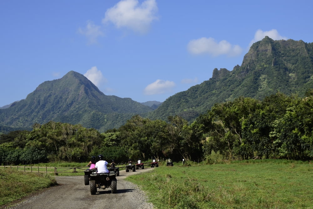 A group of ATV quad riders take to the trail near Koolau Range in Oahu Hawaii Canvas Art - Ryan RossottoStocktrek Images (18 x 12)