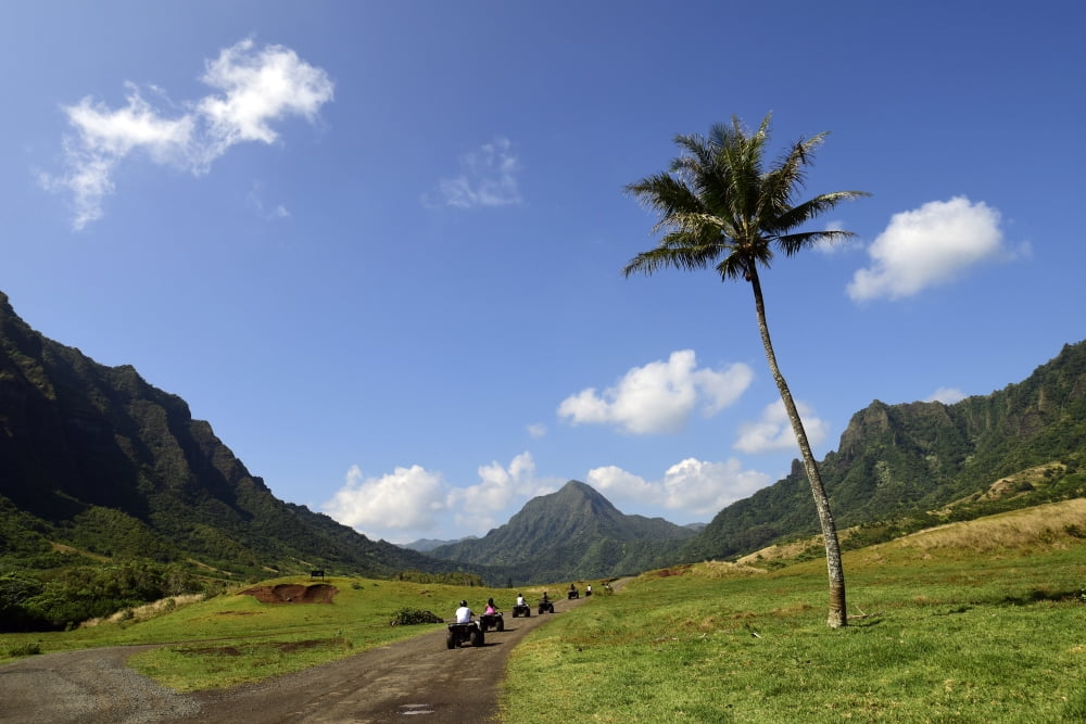 A group of ATV quad riders take to the trail near Koolau Range in Oahu Hawaii Canvas Art - Ryan RossottoStocktrek Images (34 x 23)