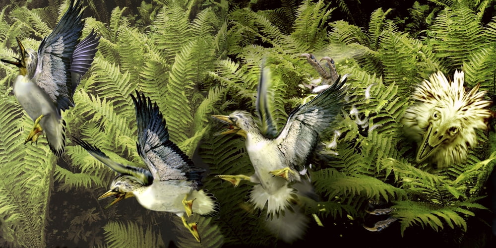 A group of Ichthyornis seabirds narrowly escape the claws of a troodon hiding in foliage Canvas Art - Jan SovakStocktrek Images (40 x 20)
