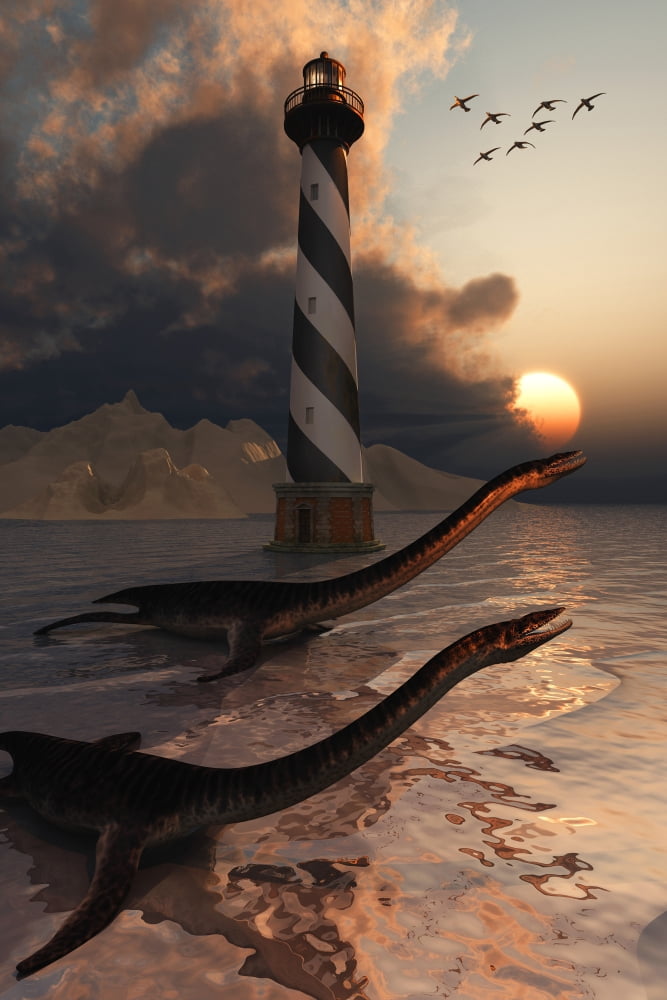 A group of Plesiosaurs resting on a sandbank Canvas Art - Mark StevensonStocktrek Images (24 x 35)