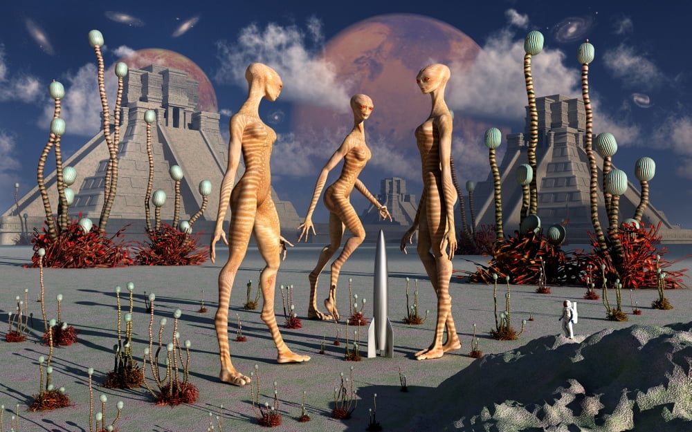 A group of alien reptoid beings find a small alien rocketship Canvas Art - Mark StevensonStocktrek Images (18 x 12)