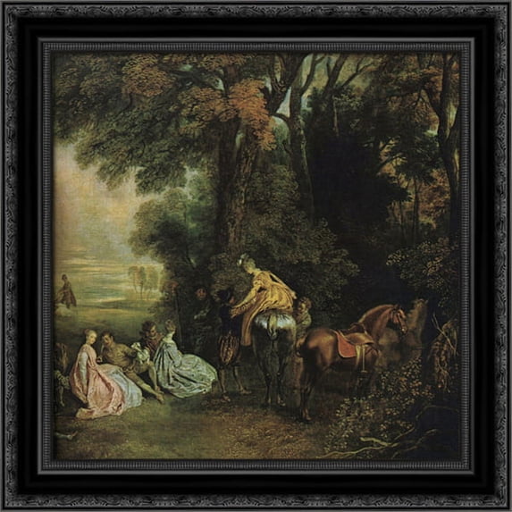 A halt during the chase 20x20 Black Ornate Wood Framed Canvas Art by Watteau, Jean Antoine