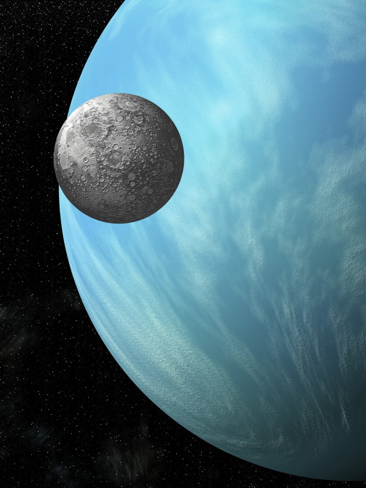 A heavily cratered moon in orbit around a water covered planet Canvas Art - Marc WardStocktrek Images (12 x 16)