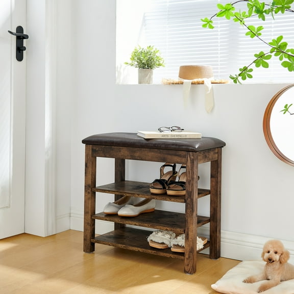 A height-adjustable shoe-changing bench made of high-quality wood, equipped with a comfortable seat and concealed storage space, featuring charcoal