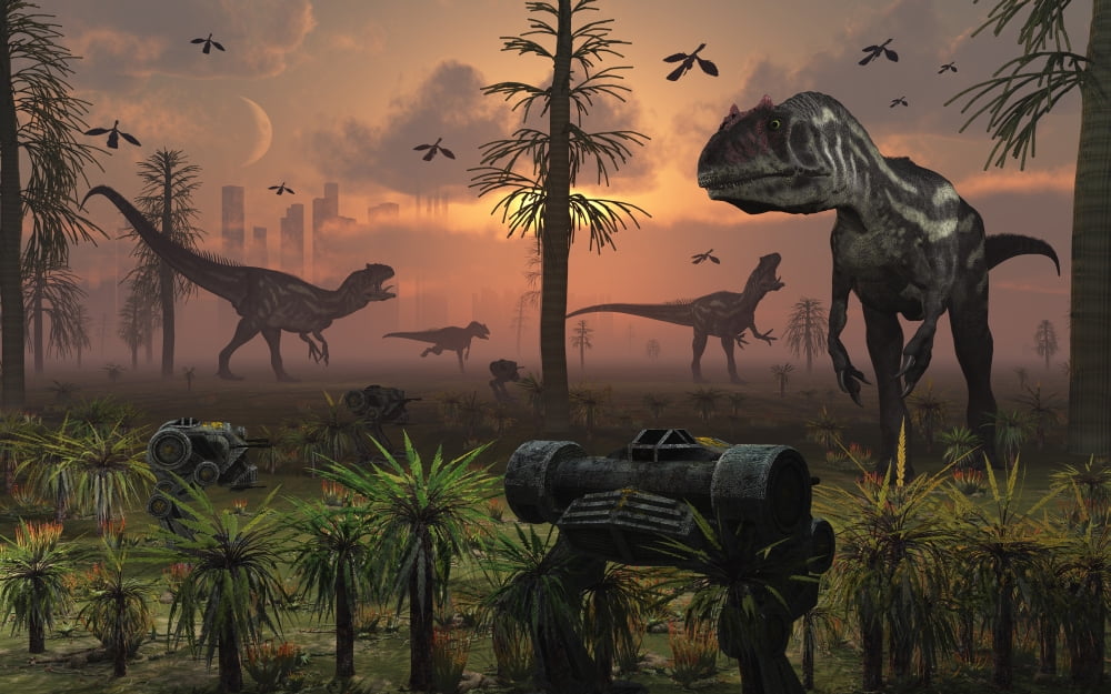 A herd of Allosaurus dinosaur cause chaos Canvas Art - Mark StevensonStocktrek Images (36 x 23)