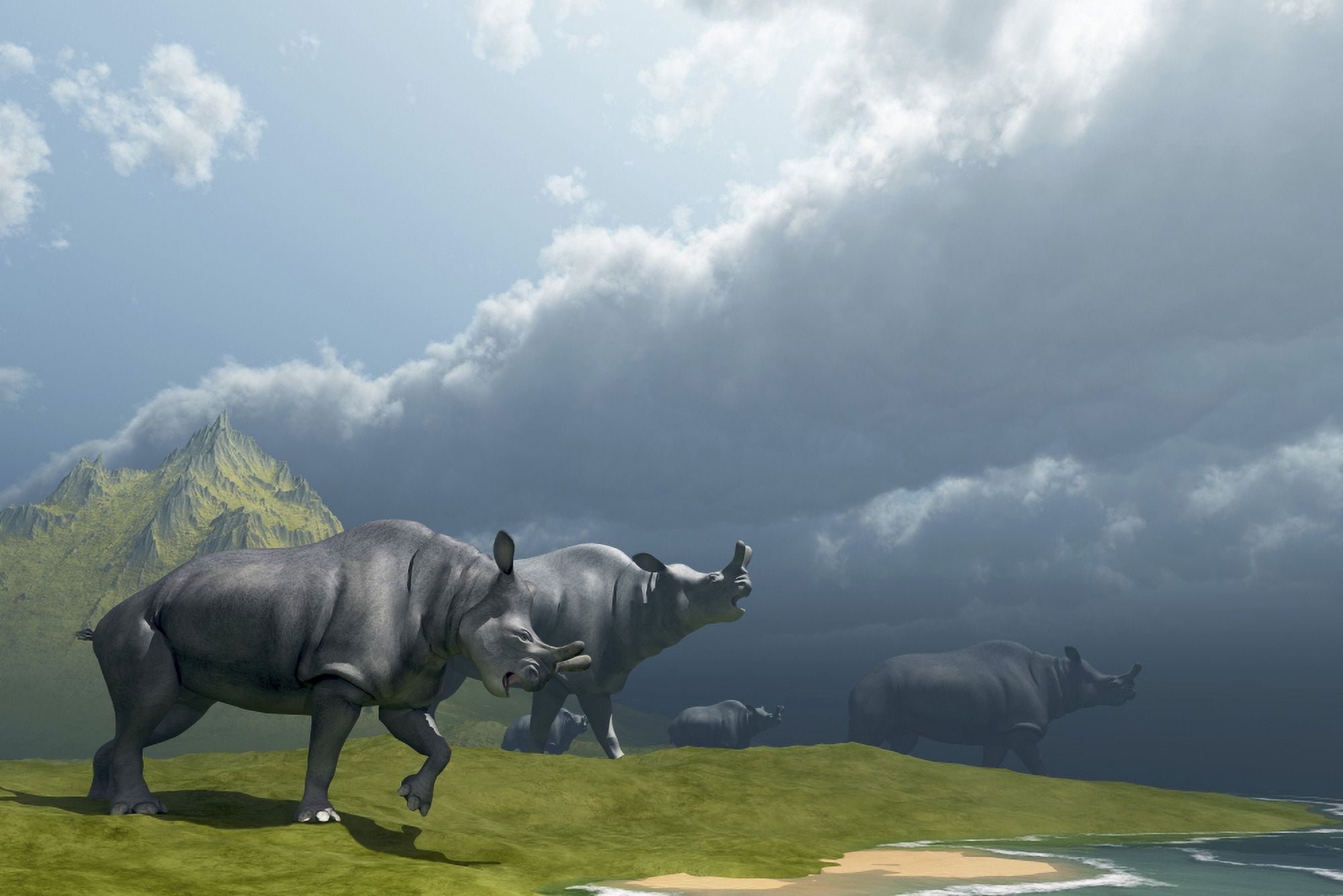 A herd of Brontotherium dinosaurs come to the lake to drink Canvas Art - Corey FordStocktrek Images (35 x 23)