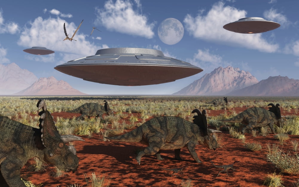 A herd of Centrosaurus dinosaurs walk past a group of UFOs Canvas Art - Mark StevensonStocktrek Images (36 x 23)