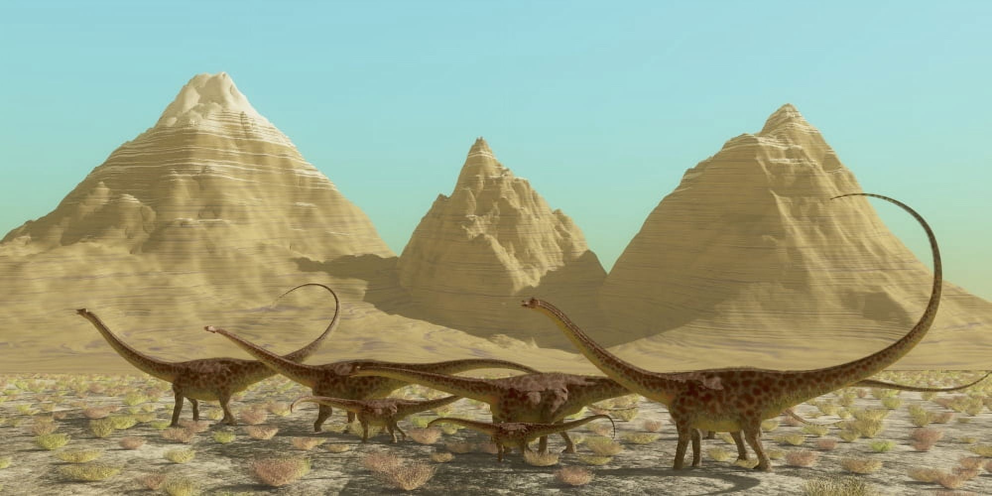 A herd of Diplodocus dinosaurs migrating across a desert Canvas Art - Corey FordStocktrek Images (40 x 20)