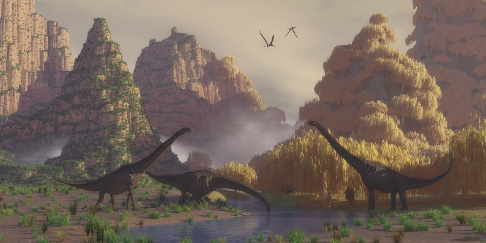 A herd of Sauroposeidon dinosaurs drinking from a river Canvas Art - Corey FordStocktrek Images (40 x 20)