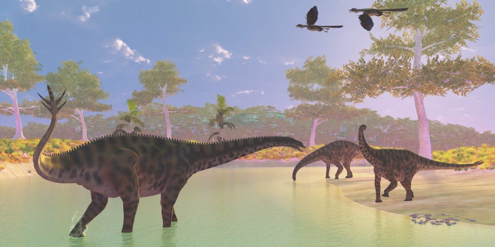 A herd of Spinophorosaurus dinosaurs drinking at a river Canvas Art - Corey FordStocktrek Images (20 x 10)