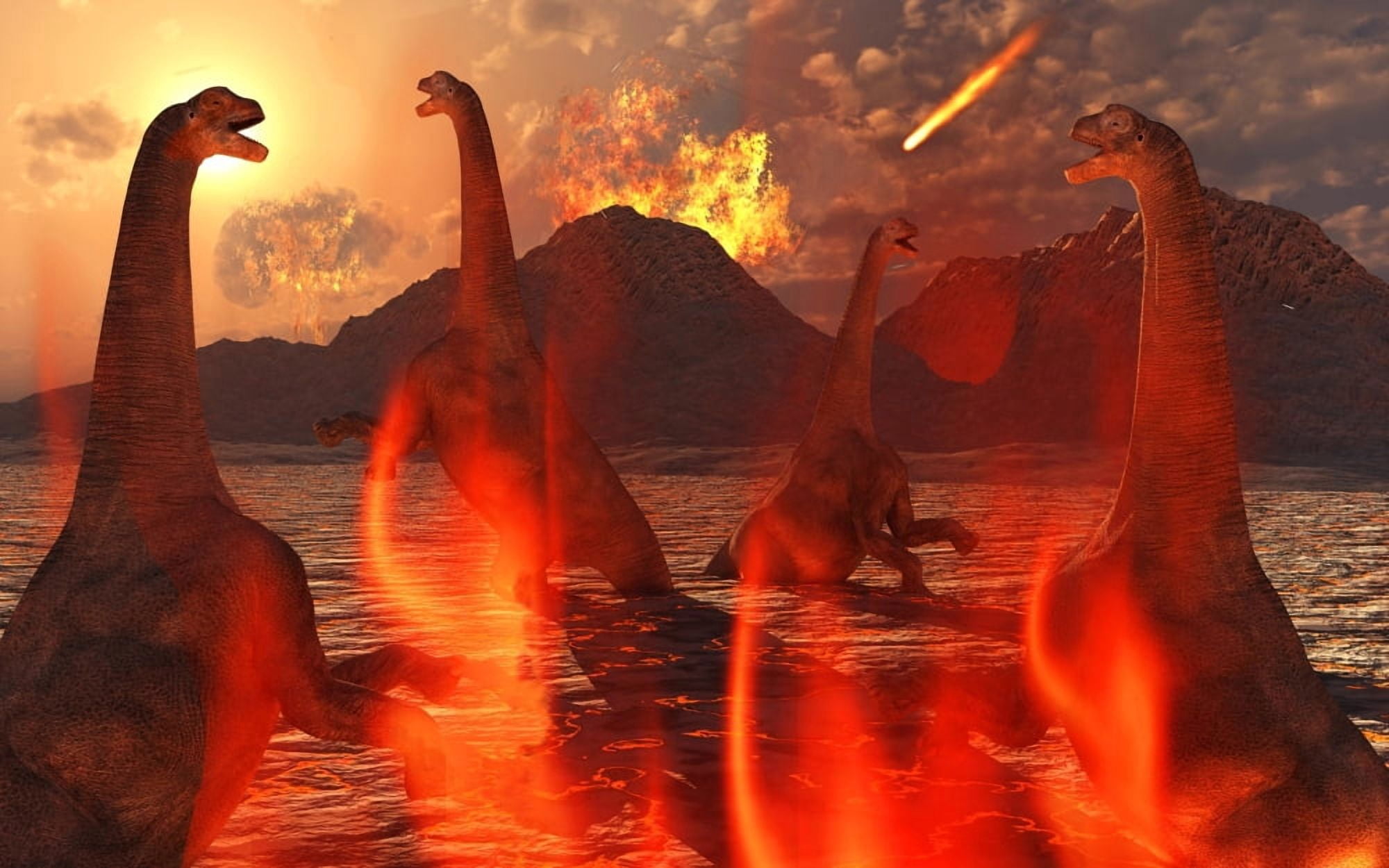 A herd of dinosaurs struggle for survival during the end of time Canvas Art - Mark StevensonStocktrek Images (36 x 23)