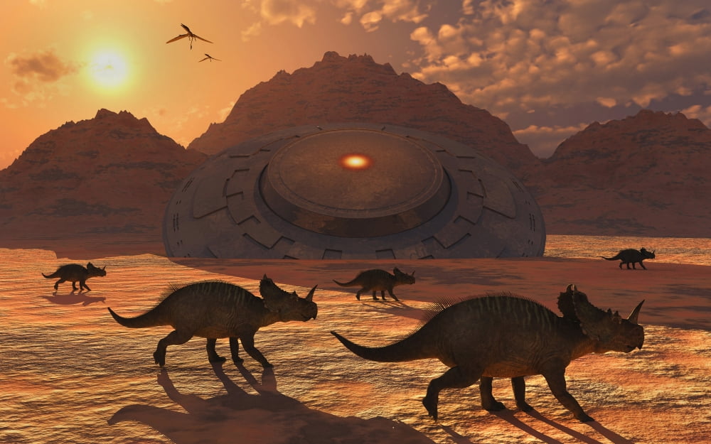 A herd of dinosaurs walk past a flying saucer lodged into the ground Canvas Art - Mark StevensonStocktrek Images (18 x 12)