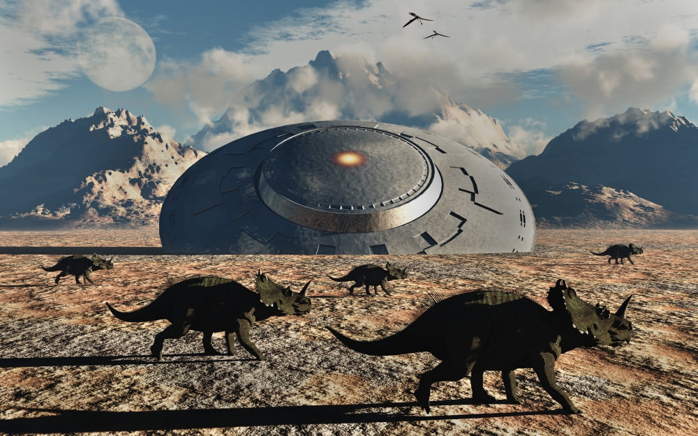 A herd of dinosaurs walk past a flying saucer lodged into the ground Canvas Art - Mark StevensonStocktrek Images (18 x 12)