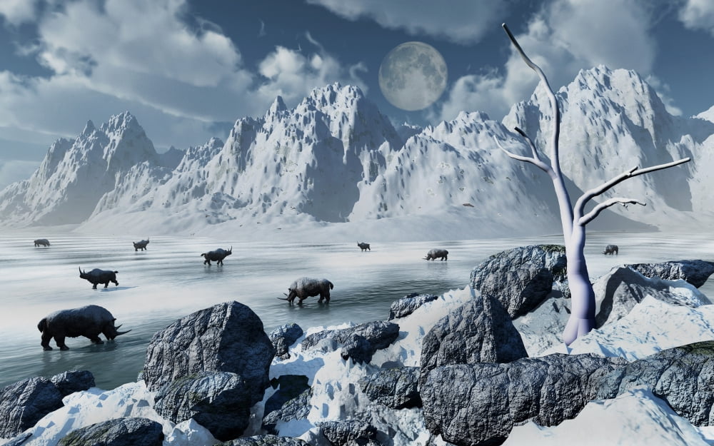 A herd of woolly rhinoceros in a severe Pleistocene winter landscape Canvas Art - Mark StevensonStocktrek Images (36 x 23)