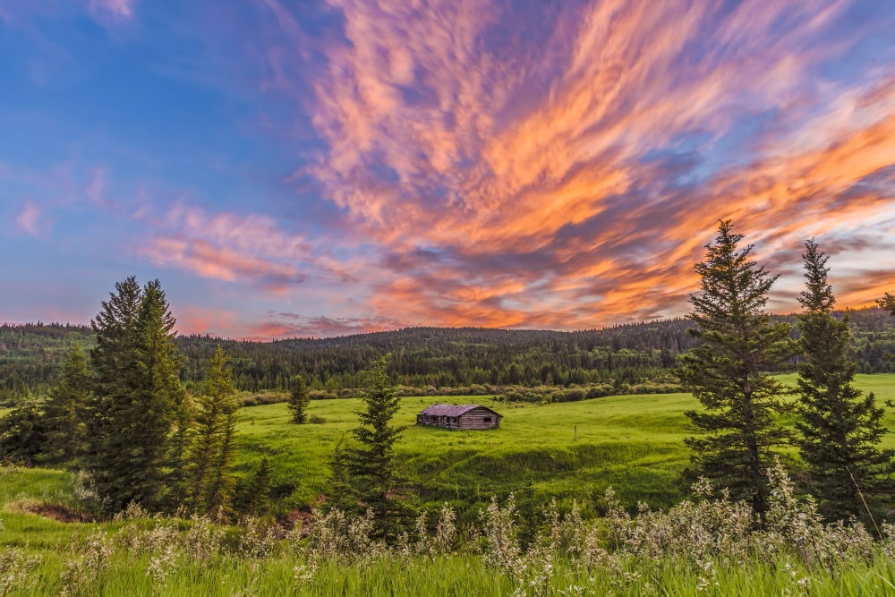 A high dynamic range photo of a sunset over a log cabin Canvas Art - Alan DyerStocktrek Images (35 x 23)