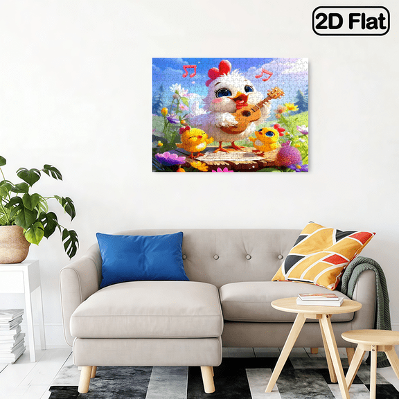 A horizontal 500 - piece paper puzzle, themed "Singing Chicken", 2D flat design. The size is 20.4 * 14.9 inches.