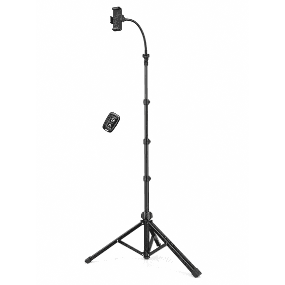 A house of tools 85-Inch Aluminum Phone Tripod Stand with Flexible Gooseneck, Adjustable Phone Clamp and Cold-Shoe Mount, Black