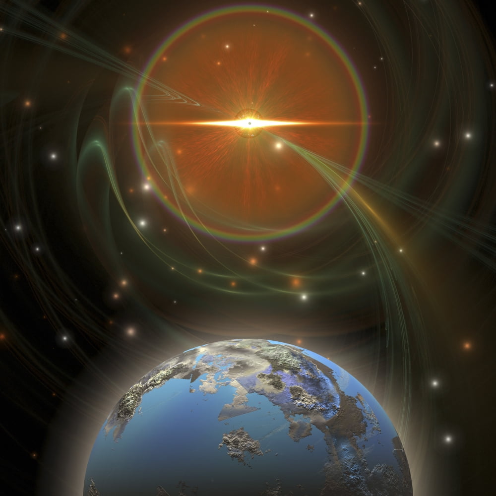 A huge sun emits solar flares by a nearby planet Canvas Art - Corey FordStocktrek Images (28 x 28)