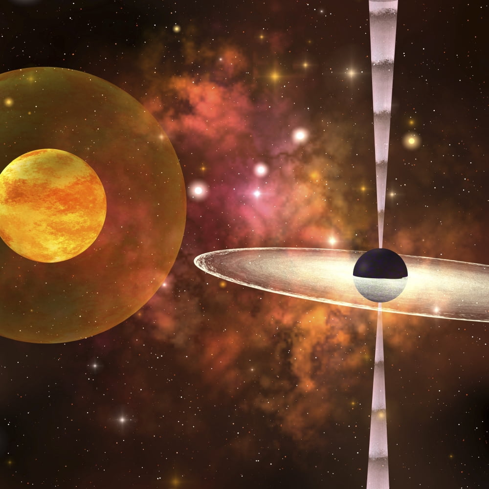 A huge sun encircled by an energy field orbits near a black hole in space Canvas Art - Corey FordStocktrek Images (28 x 28)
