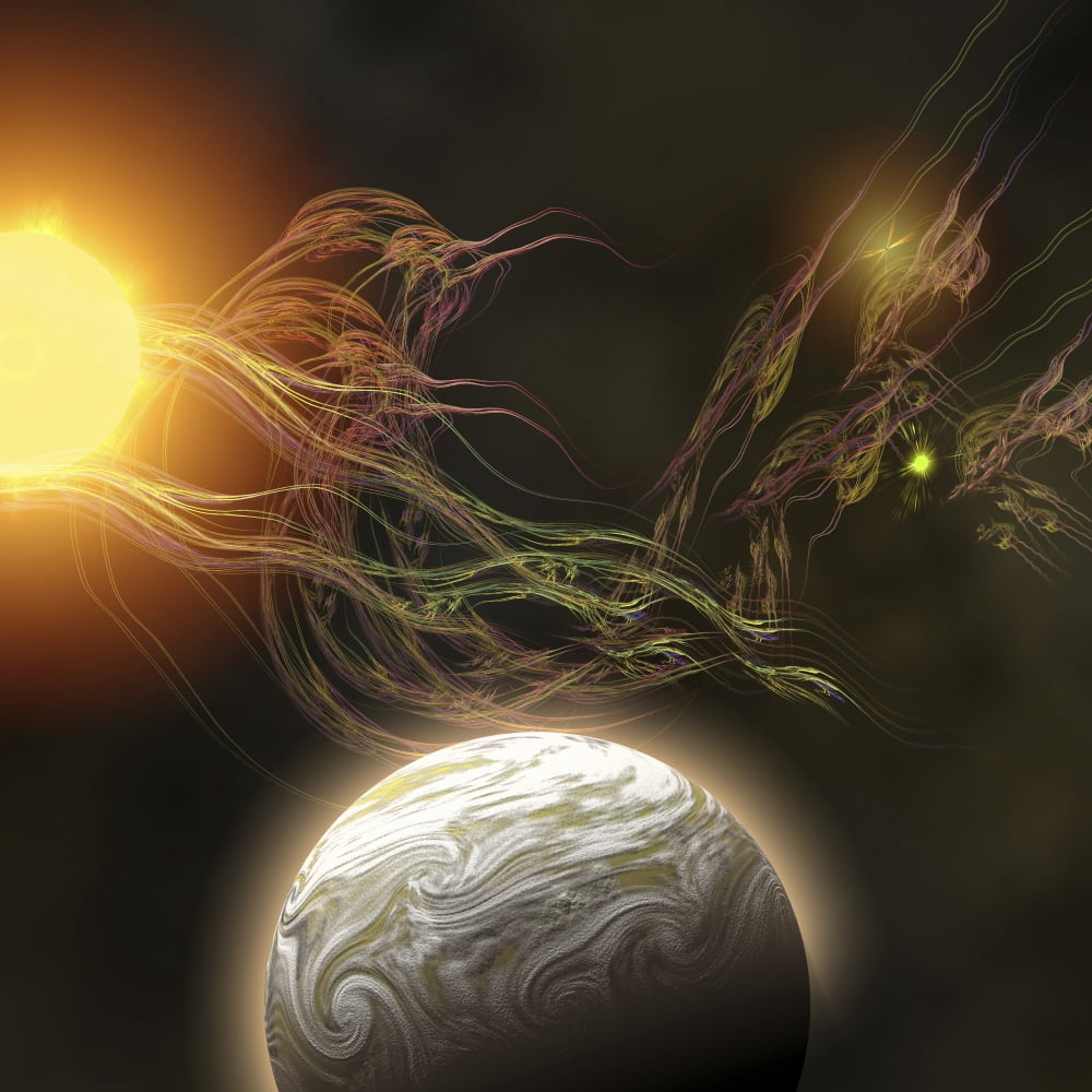 A huge sun radiates solar flares toward a nearby planet Canvas Art - Corey FordStocktrek Images (28 x 28)