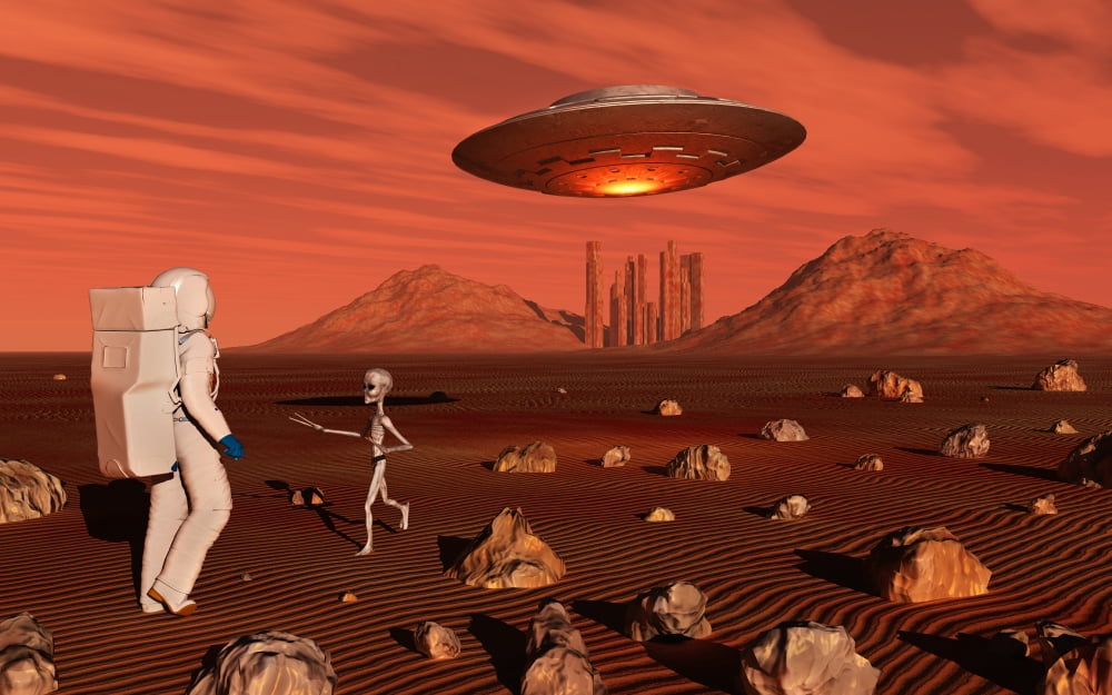 A human astronaut making contact with a grey alien on the surface of Mars Canvas Art - Mark StevensonStocktrek Images (18 x 12)