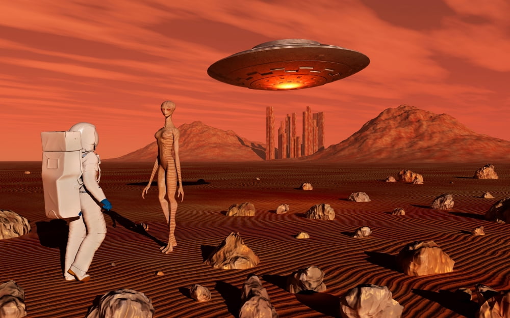 A human astronaut making contact with a reptoid alien on the surface of Mars Canvas Art - Mark StevensonStocktrek Images (18 x 12)