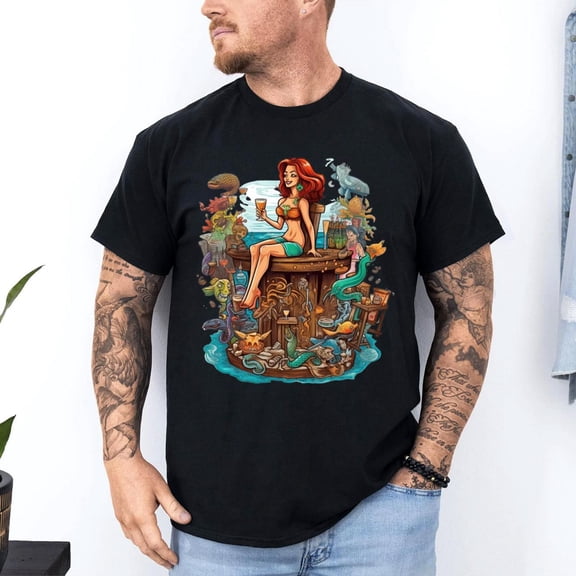 A humorous tiki crew beach bar t-shirt with a cartoonish mermaid sitting on a tiki bar stool