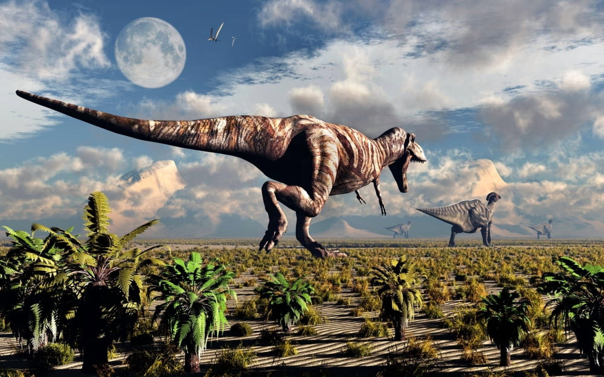 A hungry Tyrannosaurus Rex chasing a small group of Parasaurolophus Canvas Art - Mark StevensonStocktrek Images (36 x 23)