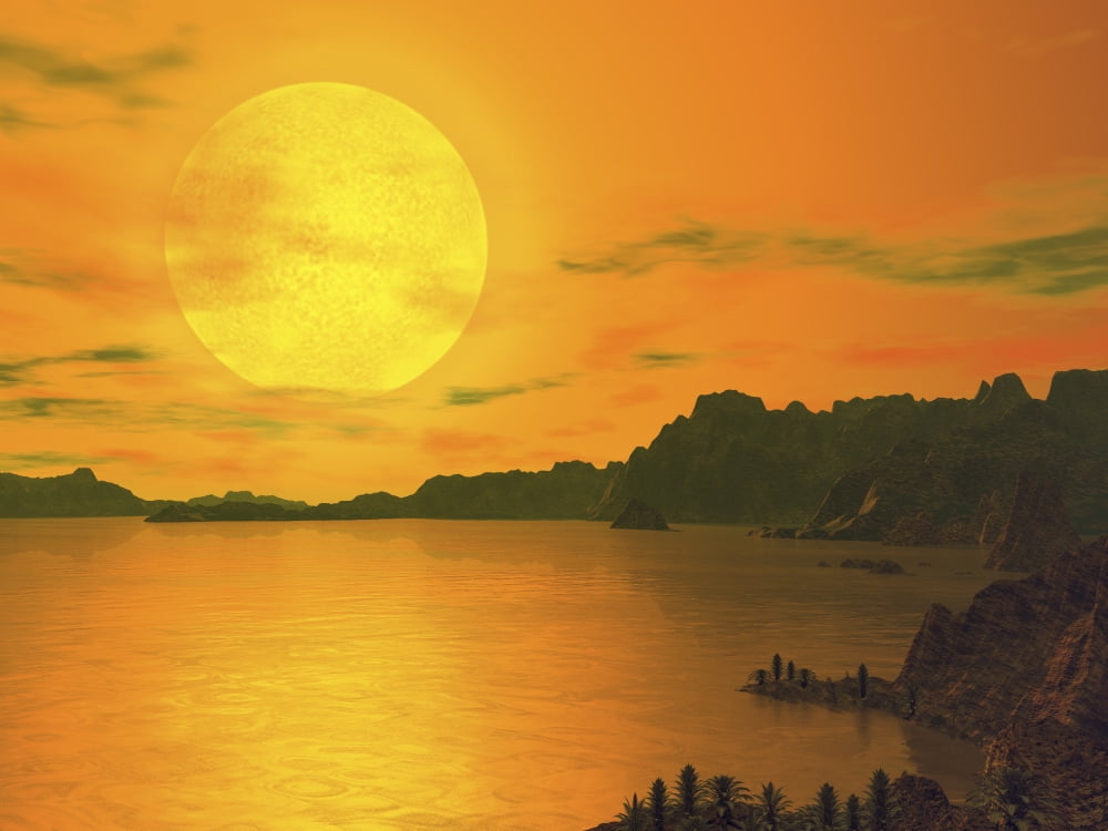 A hypothetical view across a rocky and watery terrain on extrasolar planet Gliese 581 c Canvas Art - Walter MyersStocktrek Images (17 x 13)