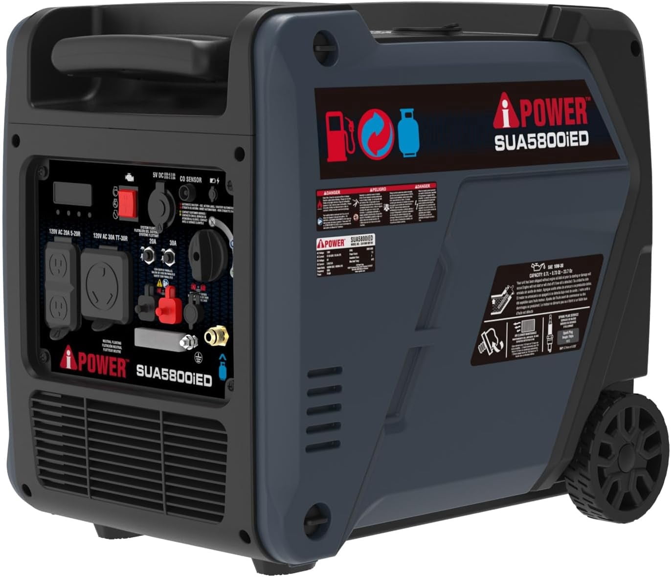 A-iPower 5800-Watt Dual Fuel Quiet Portable Inverter Generator, Electric Start, RV Ready, EPA Certified, CO Sensor, Telescopic Handle for Home Backup, Tailgating & Camping (SUA5800iED)