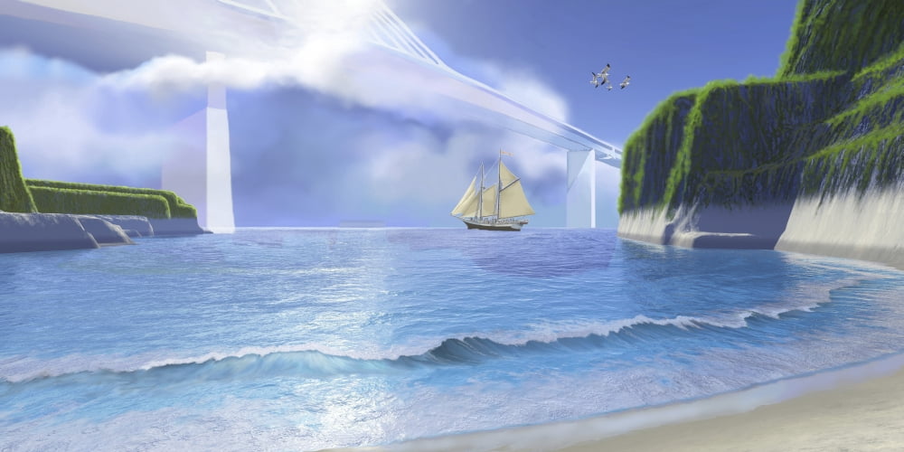 A ketch sails underneath a very high modern bridge Canvas Art - Corey FordStocktrek Images (20 x 10)