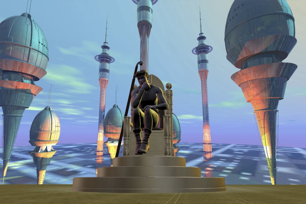 A king sits on his throne on a futuristic world Canvas Art - Corey FordStocktrek Images (35 x 23)