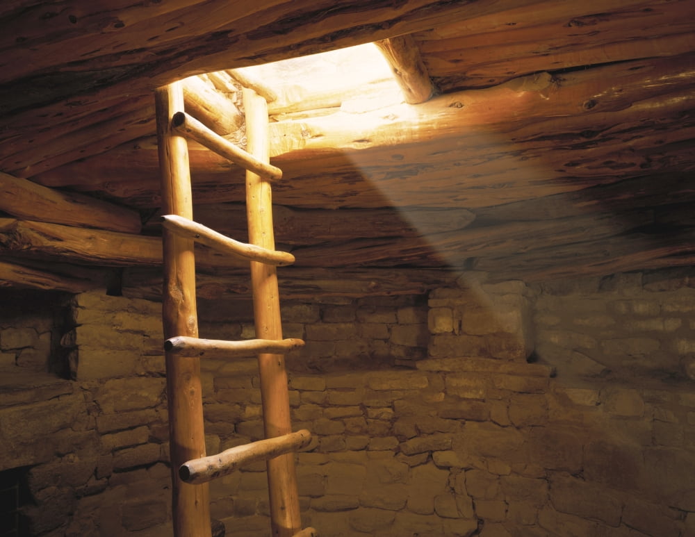 A kiva ladder and sun rays in a kiva at Mesa Verde Natl Park CO Canvas Art - Panoramic Images (27 x 9)