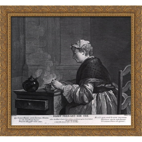 A lady who takes tea 30x28 Large Gold Ornate Wood Framed Canvas Art by Jean-Baptiste-Simeon Chardin