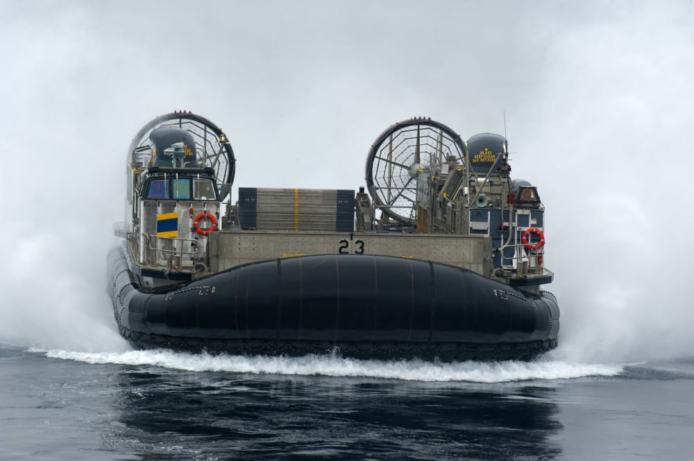 A landing craft air cushion approaches the well deck of USS New Orleans Canvas Art - Stocktrek Images (35 x 24)